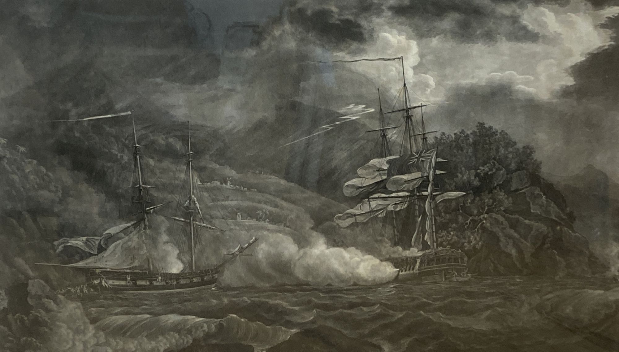 Pollard after Pocock, aquatint, Action off Grenada, between The Mermaid and Brutus 1795, 49 x 73cm